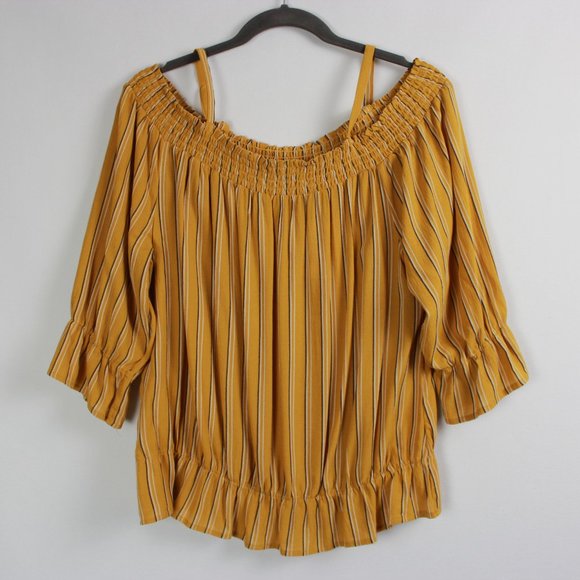 Ricki's Yellow Pinstripe Smocked Off-shoulder Blouse - Picture 2 of 12